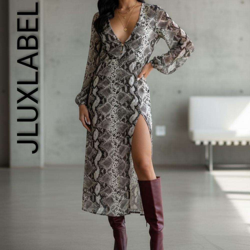 Nordstrom Jluxlabel Snakeskin print long sleeve high slit sheer midi dress S